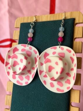 Handmade Pink Cowprint Cowboy Hat Dangle Earrings - opal, rose quartz, pink agat